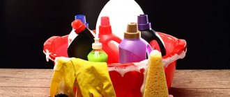 Household cleaning products in a red basin