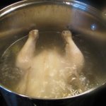 To cook, the chicken carcass is placed in boiling or cold water.