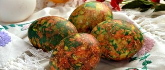 Eggs painted for Easter using brilliant green and onion skins